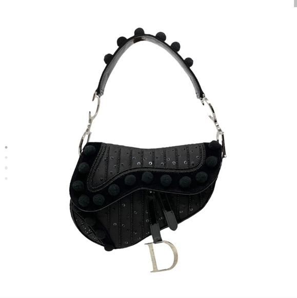 Dior Handbags - Dior Black Velvet and Leather Pom Pom Saddle Bag
